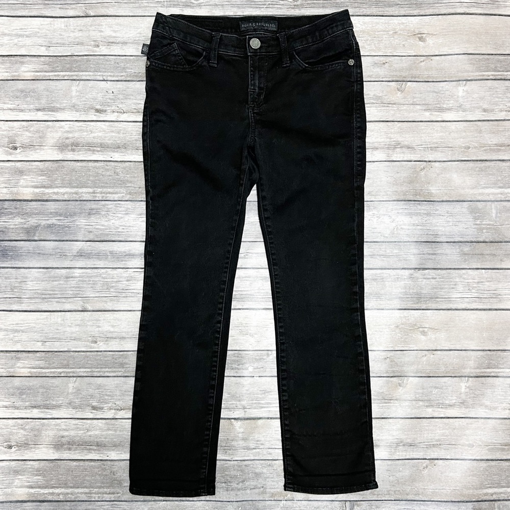 Rock Republic Black Slim Straight Leg Ankle Cropped Kendall Flap Button Jeans 8